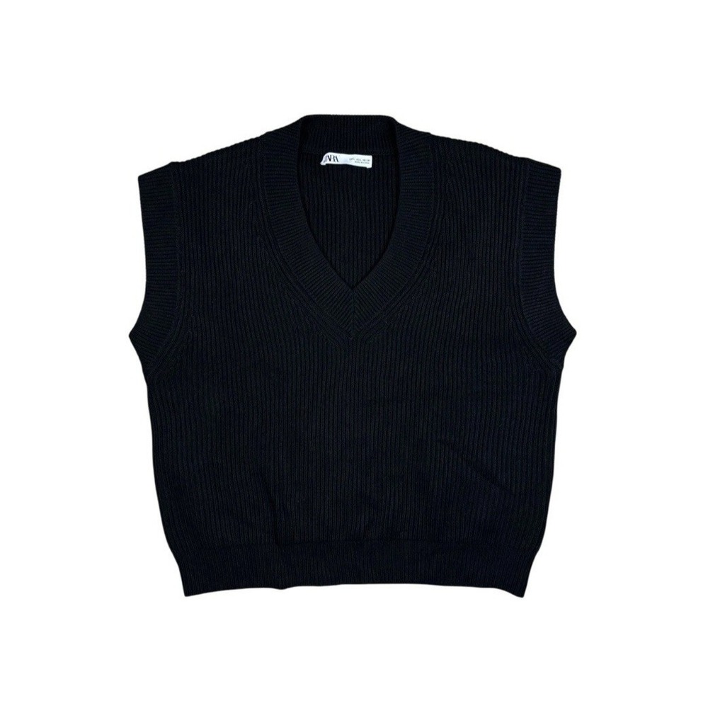 Zara Vest NWT Women's XL Black Ribbed V-neck Oversized Stretchy Pullover